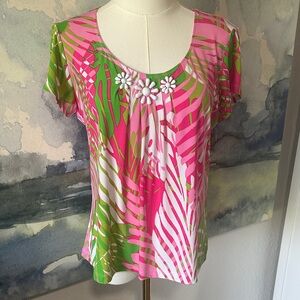 Ruby Road PM Floral-Embellished Pink & Green Printed Women’s Tee